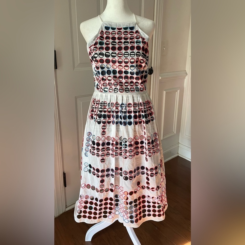 Parker Halter Dress – Size Small – Multicolor Embroidered Circle Overlay